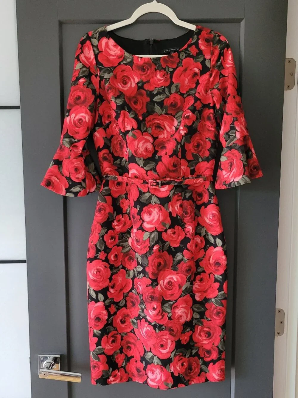 David Meister Red Rose Floral Bell Sleeve Belted Sheath Dress Size 6